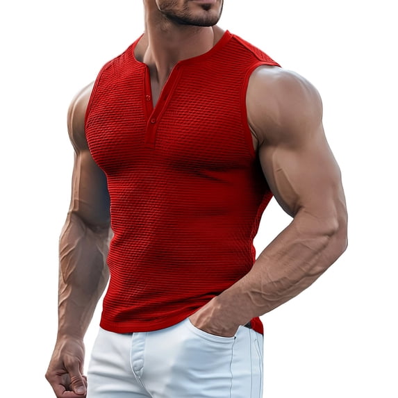Men's Ribbed Henley Tank Tops Knit V Neck Sleeveless Workout T Shirt Muscle Gym Fitness Tee Navy