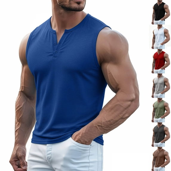 Men's Ribbed Henley Tank Tops Knit V Neck Sleeveless Workout T Shirt Muscle Gym Fitness Tee White