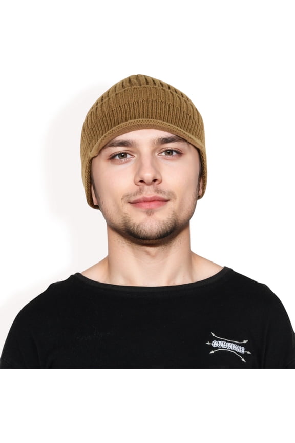 Men's Ribbed Knit Baseball Cap with Ear Flap Coverage for Winter Warmth and Style-Khaki