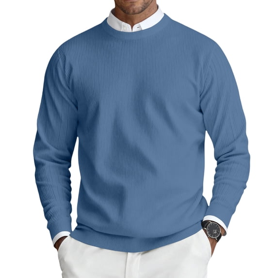 Men's Ribbed Knit Crewneck Long Sleeve Pullover Sweater Lightweight Textured Regular Fit Casual Solid Top for Office Daily Wear Blue L