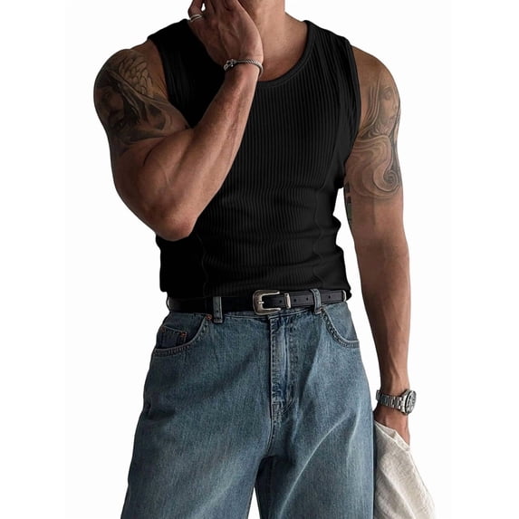 Men's Ribbed Knit Form-Fitting Workout Wide Shoulder Tank Top Black S