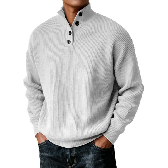 Men's Ribbed Knit Henley Sweater Long Sleeve Button Neck Casual Pullover Top