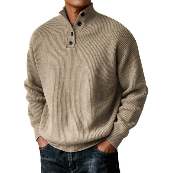 Men's Ribbed Knit Henley Sweater Long Sleeve Button Neck Casual Pullover Top