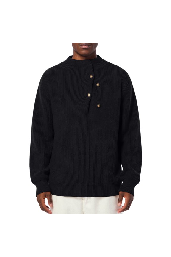 Men's Ribbed Knit Henley Sweater Pullover with Asymmetrical Buttons Long Sleeve