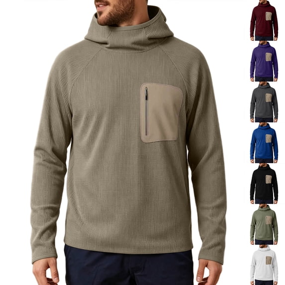 Men's Ribbed Knit Hooded Tops Pullover Cowl Funnel Collar Thermal Sweatshirt Long Sleeve Loose Fit Solid Warm Pullover Tops Outdoor Hiking Single Zippered Chest Patch Pocket Army Green,L