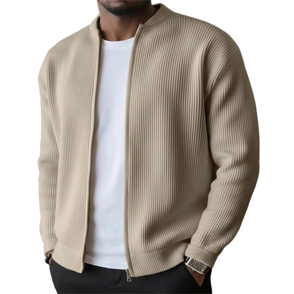 Men's Ribbed Knit Jacket, Full Zip Waffle Textured Cardigan for Casual and Office Wear, L