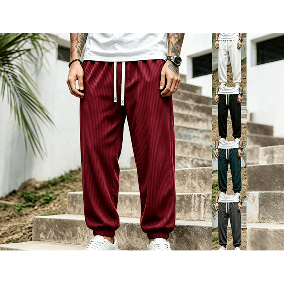 Men's Ribbed Knit Jogger Pants, Elastic Waist Drawstring Casual Trousers with Pockets, Relaxed Fit Streetwear Baggy Sweatpants Size S-2XL Wine