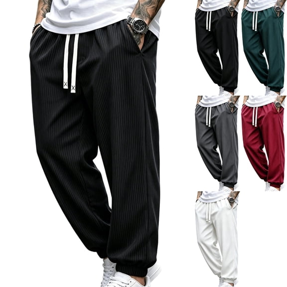 Men's Ribbed Knit Joggers Loose Fit Stretch Lounge Pants Casual Lightweight with Pockets Drawstring for Home Fall Daily Wear, Black, L