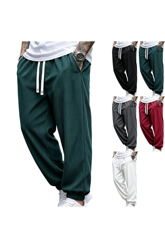Men's Ribbed Knit Joggers Loose Fit Stretch Lounge Pants Casual Lightweight with Pockets Drawstring for Home Fall Daily Wear, Green, XL