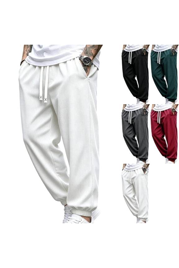 Men's Ribbed Knit Joggers Loose Fit Stretch Lounge Pants Casual Lightweight with Pockets Drawstring for Home Fall Daily Wear, White, M