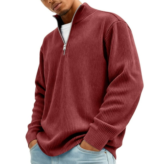 Men's Ribbed Knit Polo Sweaters Big and Tall Quarter Zip Polo Sweaters Zip Mock Neck Long Sleeve Solid Color Quarter Zip Polo Sweatshirt Winter Warm Casual Pullover