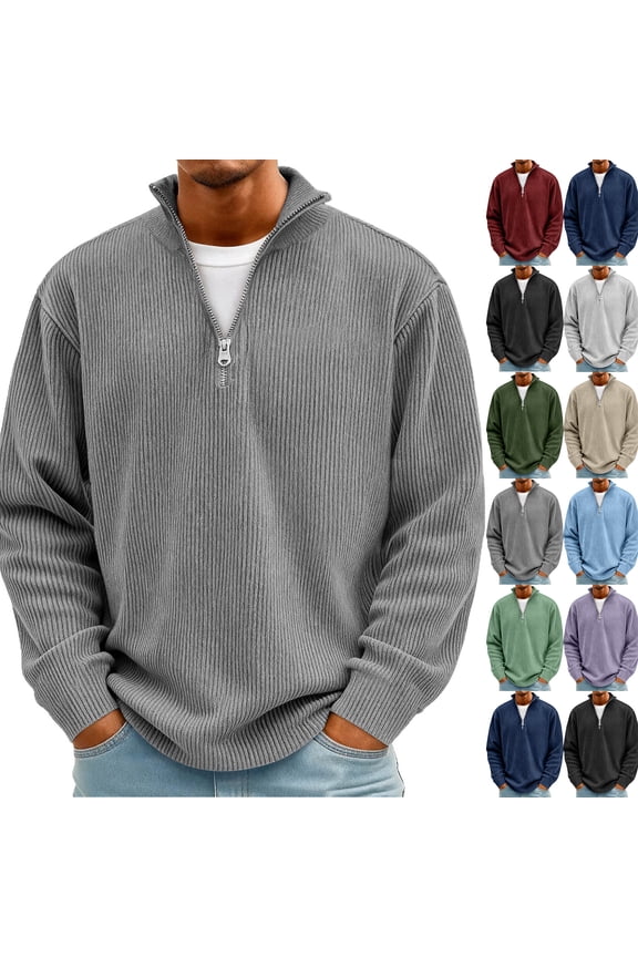 Men's Ribbed Knit Polo Sweaters Winter Warm Casual Quarter Zip Pullover Long Sleeve Big and Tall Pullover Sweater Solid Color Mock Neck Polo Sweaters Quarter-Zip Polo Sweatshirt