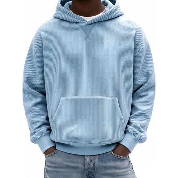 Men’s Ribbed Knit Pullover Hoodie Long Sleeve Casual Sweatshirt with Kangaroo Pocket and Adjustable Drawstring Hood Light Blue L