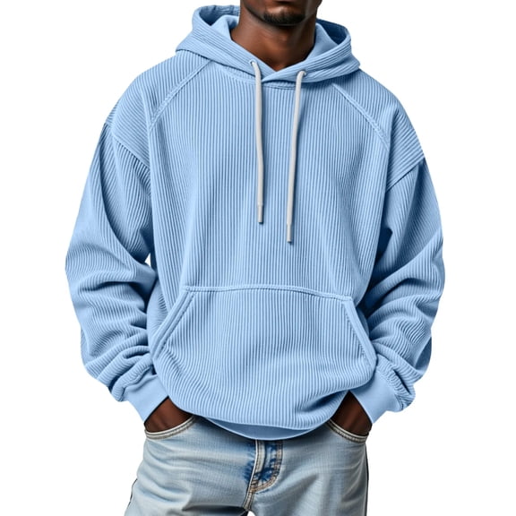 Men’s Ribbed Knit Pullover Hoodie Long Sleeve Drawstring Hooded Sweatshirt Casual Relaxed Fit Kangaroo Pocket Top Light Blue L