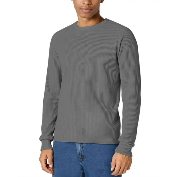 Men's Ribbed Knit Shirt Crewneck Long Sleeve Solid Pullover Top Dark Gray M