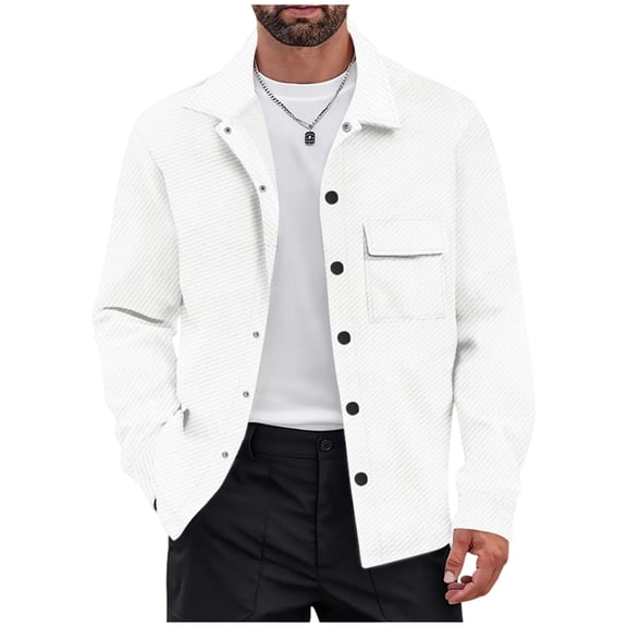 Men's Ribbed Knit Shirt Jacket Button Down Long Sleeve Casual Jackets Textured Fashion Shacket wth Flap Pocket (L, White)