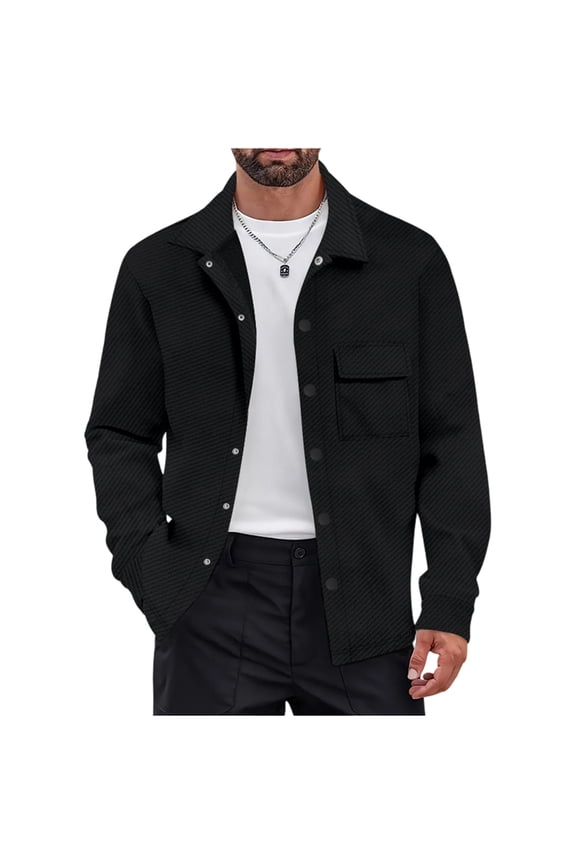 Men's Ribbed Knit Shirt Jacket Button Down Long Sleeve Casual Jackets Textured Fashion Shacket wth Flap Pocket (S, Black)