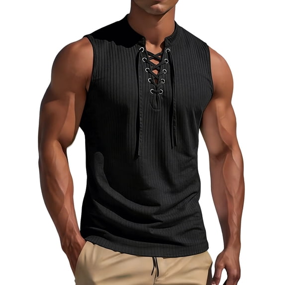 Men's Ribbed Knit Sleeveless Tank Top, Lace up Stand Collar Casual Athletic Vest, Stretch Slim Fit Fashion Summer Beach Shirt Black