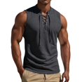 thumbnail image 1 of Men's Ribbed Knit Sleeveless Tank Top, Lace up Stand Collar Casual Athletic Vest, Stretch Slim Fit Fashion Summer Beach Shirt Dark Gray, 1 of 9