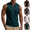 thumbnail image 1 of Men's Ribbed Knit Sleeveless Tank Top, Lace up Stand Collar Casual Athletic Vest, Stretch Slim Fit Fashion Summer Beach Shirt White, 1 of 9