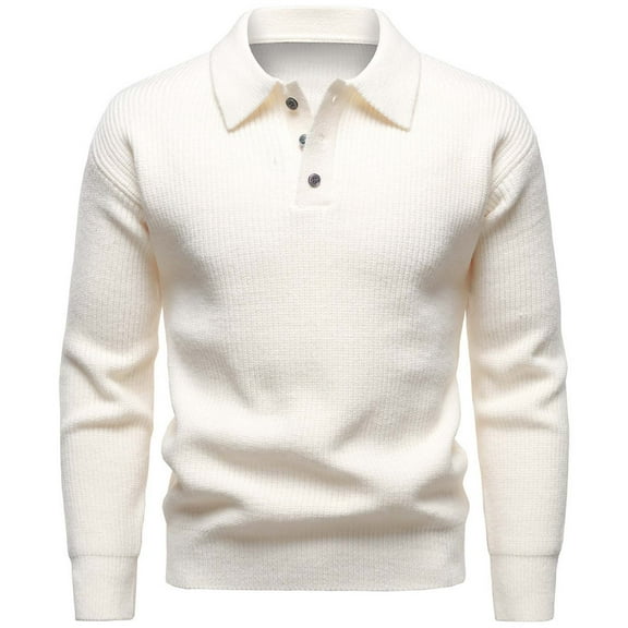 Men's Ribbed Knit Sweater Long Sleeve Quarter Button Lapel Solid Pullover Top Beige L