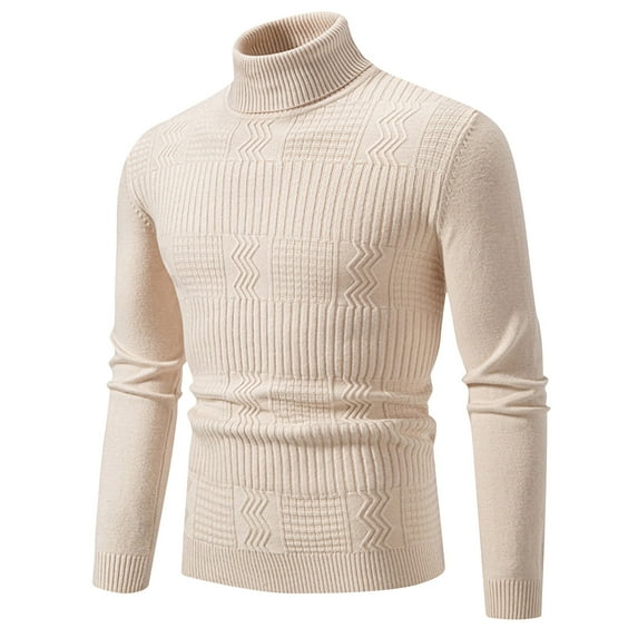 Men's Ribbed Knit Sweater Turtleneck Knitted Pullover Top Lightweight Solid Color Long Sleeve Sweatshirt for Men (Beige 2XL)