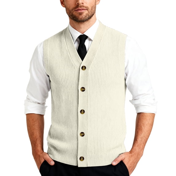 Men's Ribbed Knit Sweater Vest V Neck Casual Button Down Sleeveless Cardigan Trendy, #03 Beige, XXL