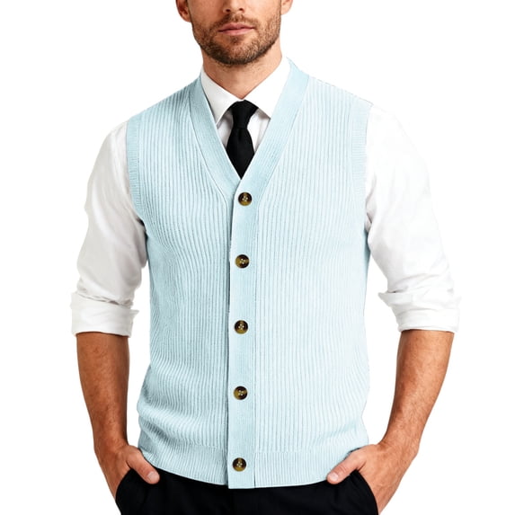 Men's Ribbed Knit Sweater Vest V Neck Casual Button Down Sleeveless Cardigan Trendy, #03 Light Blue, XXL