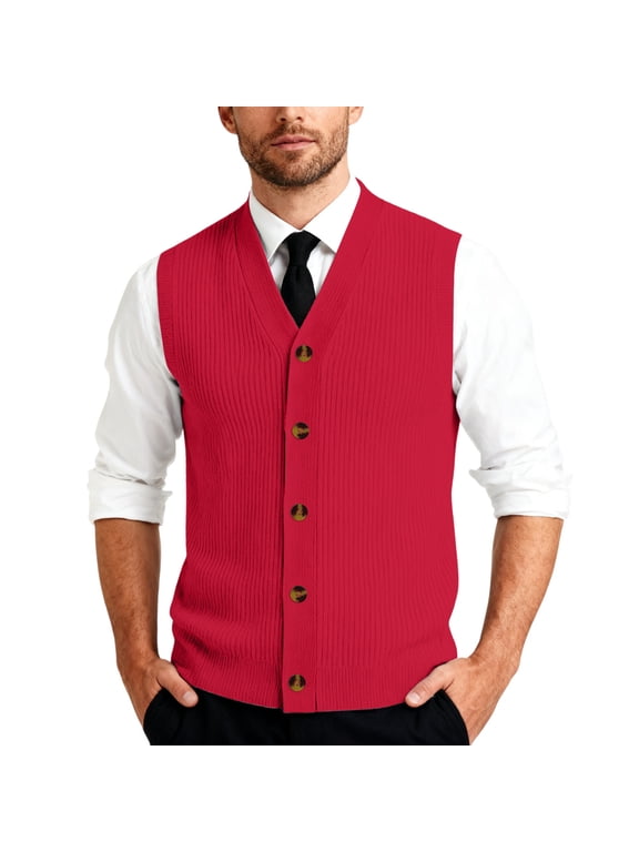 Men's Ribbed Knit Sweater Vest V Neck Casual Button Down Sleeveless Cardigan Trendy, #03 Red, M
