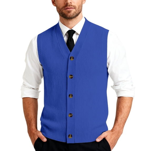 Men's Ribbed Knit Sweater Vest V Neck Casual Button Down Sleeveless Cardigan Trendy, #03 Royal Blue, M