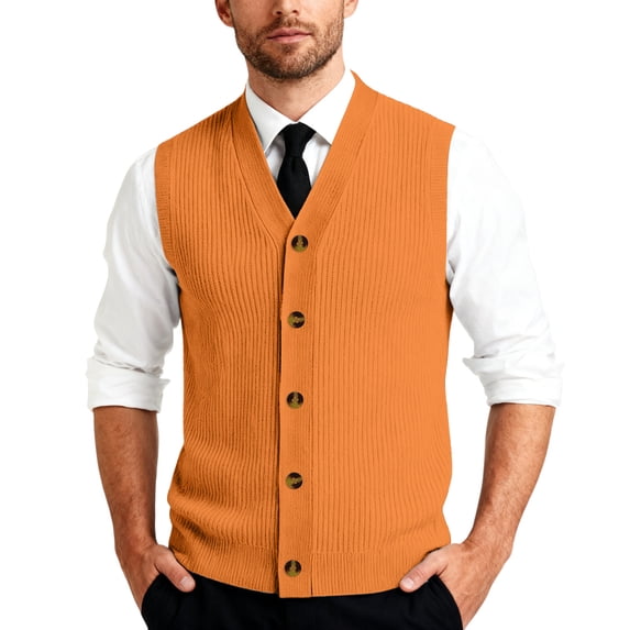 Men's Ribbed Knit Sweater Vest V Neck Casual Button Down Sleeveless Cardigan Trendy, #03 Saffron, XXL