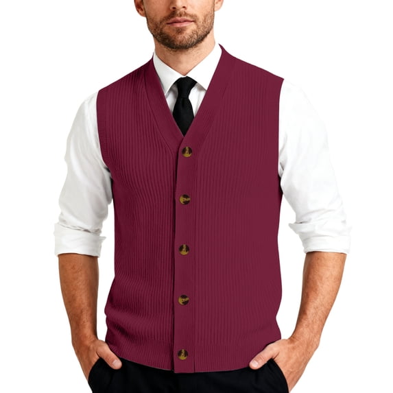 Men's Ribbed Knit Sweater Vest V Neck Casual Button Down Sleeveless Cardigan Trendy, #03 Wine, L