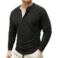 thumbnail image 1 of Men's Ribbed Knit Thermal Shirt Long Sleeve Textured Button Collar Pullover Slim Tee Black S, 1 of 9