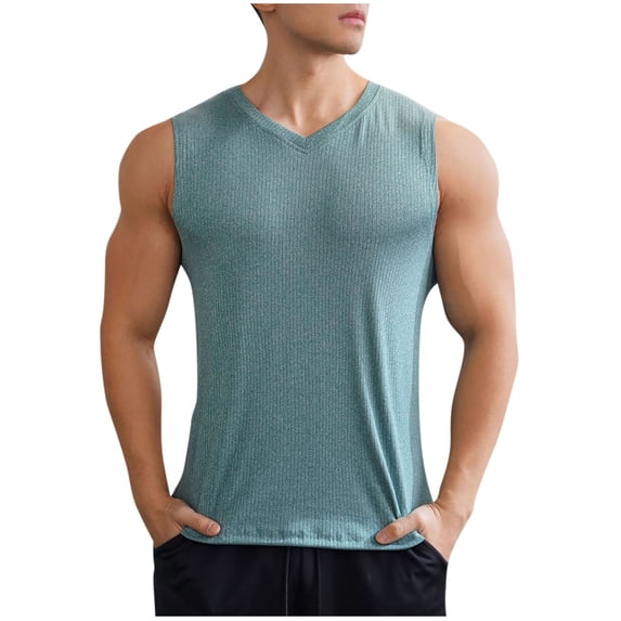 Men's Ribbed Knit Workout Muscle Tank Tops V Neck Athletic Bodybuilding Sleeveless T-Shirt Summer Fitness Training Running Breathable Heathered Stretch Activewear