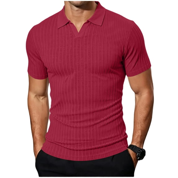 Men's Ribbed Polo Shirts Short Sleeve V Neck Slim Fit Muscle Polo T-Shirt Casual Summer Collared Golf Shirt