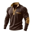 thumbnail image 1 of Men's Ribbed Shirt Long Sleeve Quarter Button Mock Collar Pullover Top with Pockets Brown XL, 1 of 8