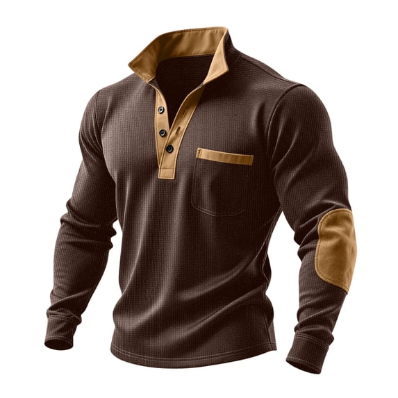 Men's Ribbed Shirt Long Sleeve Quarter Button Mock Collar Pullover Top with Pockets Brown XL