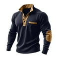 thumbnail image 1 of Men's Ribbed Shirt Long Sleeve Quarter Button Mock Collar Pullover Top with Pockets Navy L, 1 of 8