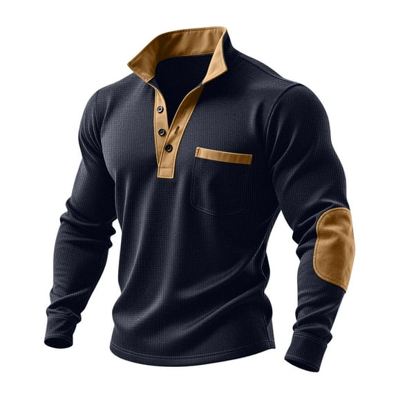 Men's Ribbed Shirt Long Sleeve Quarter Button Mock Collar Pullover Top with Pockets Navy L