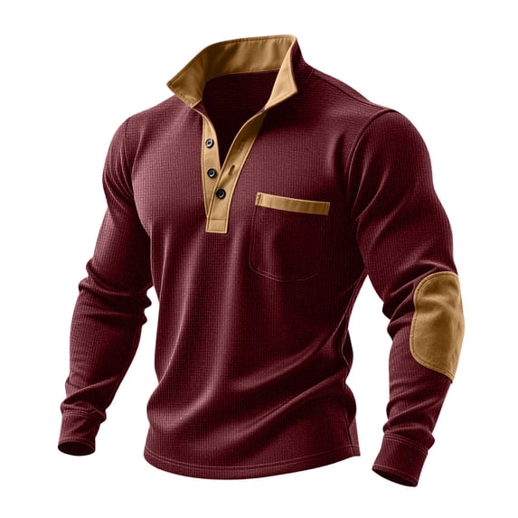 Men's Ribbed Shirt Long Sleeve Quarter Button Mock Collar Pullover Top with Pockets Wine 2XL