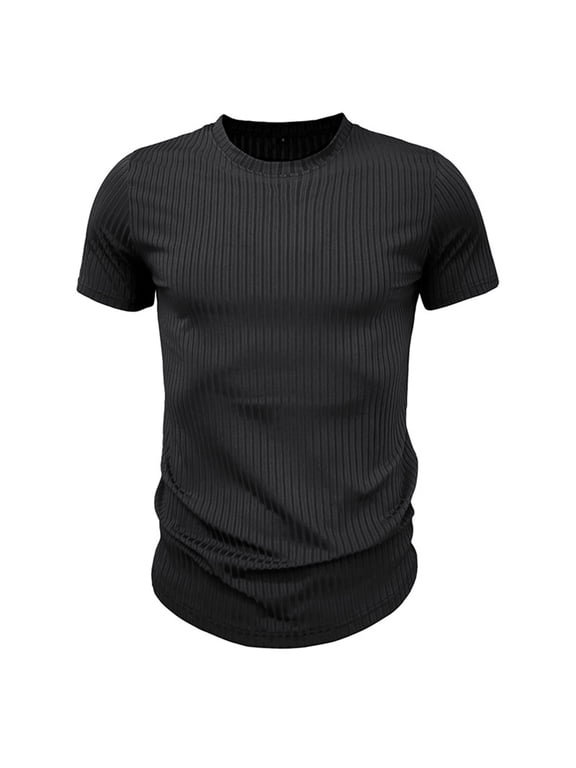 Men's Ribbed T-Shirts Crewneck Slim Fit Stretchy Muscle Shirts Solid Basic Tops Black M