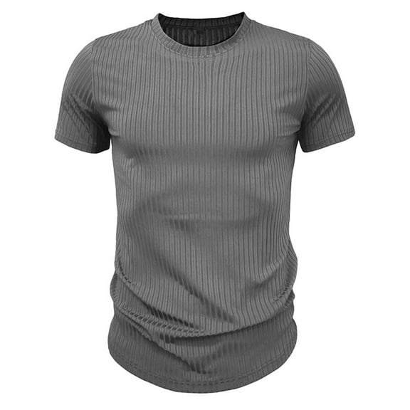 Men's Ribbed T-Shirts Crewneck Slim Fit Stretchy Muscle Shirts Solid Basic Tops Gray S