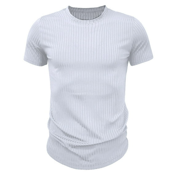 Men's Ribbed T-Shirts Crewneck Slim Fit Stretchy Muscle Shirts Solid Basic Tops White XXXL
