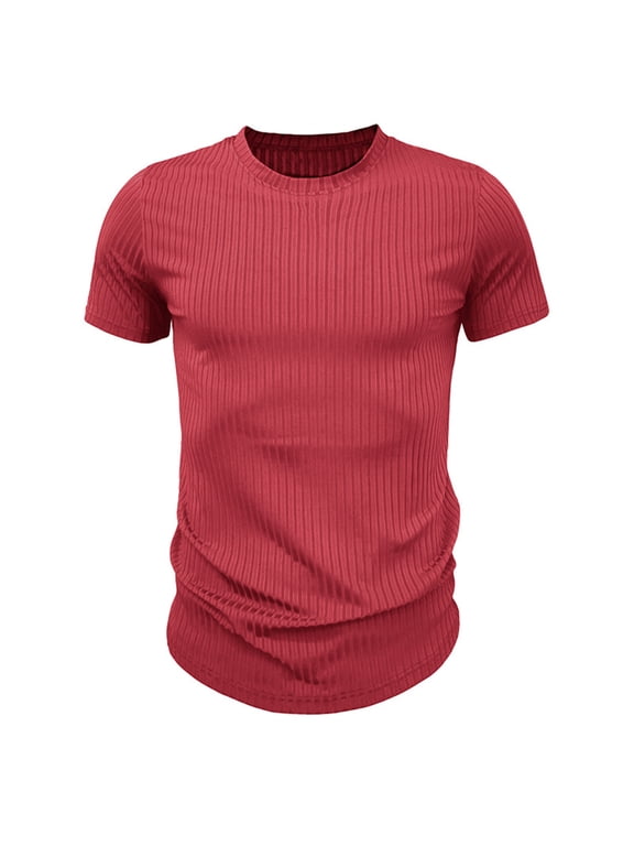 Men's Ribbed T-Shirts Crewneck Slim Fit Stretchy Muscle Shirts Solid Basic Tops Wine L