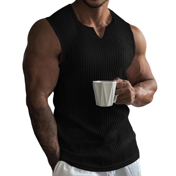 Men's Ribbed Tank Tops Knit Sleeveless Workout V Neck T Shirt Muscle Gym Fitness Tee Black