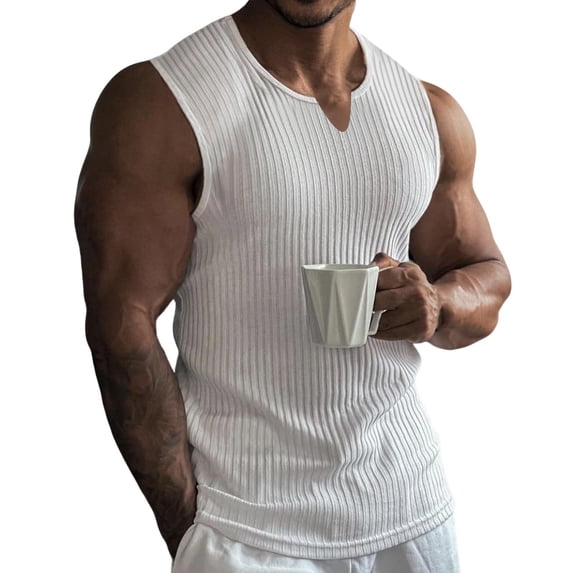 Men's Ribbed Tank Tops Knit Sleeveless Workout V Neck T Shirt Muscle Gym Fitness Tee White