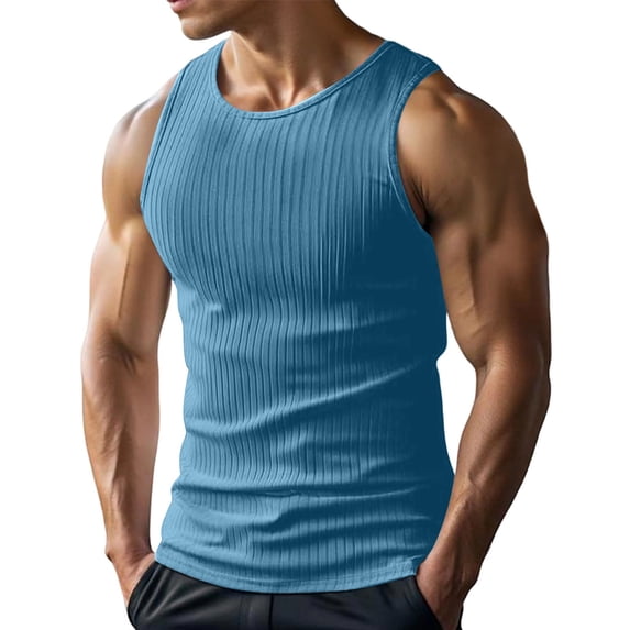 Men's Ribbed Textured Sleeveless Tank Tops Casual Muscle Shirts Lightweight Breathable Summer Tops,Light Blue,XL