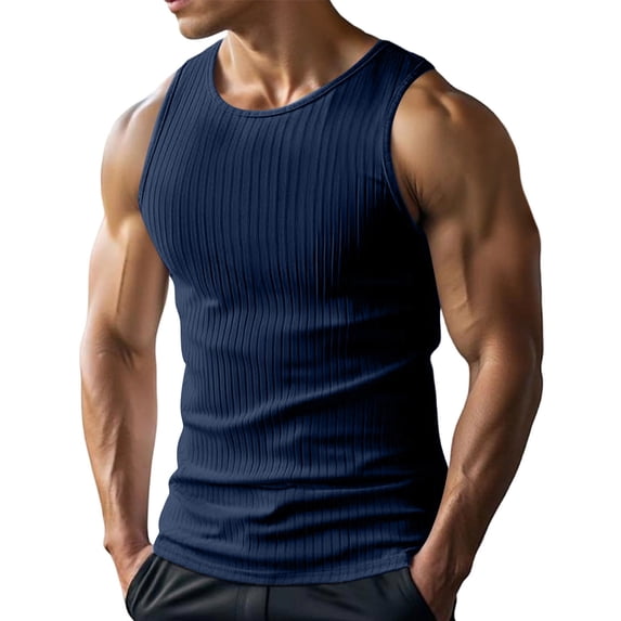 Men's Ribbed Textured Sleeveless Tank Tops Casual Muscle Shirts Lightweight Breathable Summer Tops,Navy,L