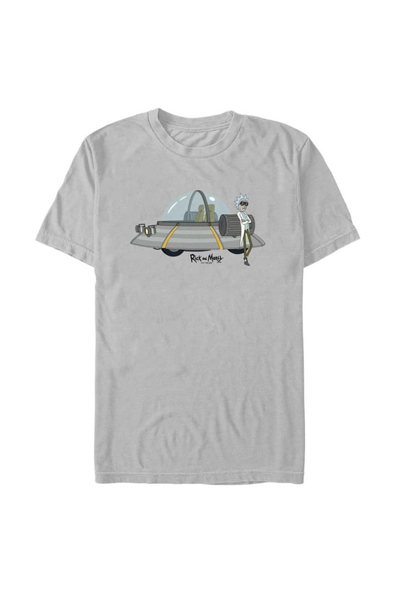 Men's Rick And Morty Cool Captain and His Spaceship Graphic Tee Silver X Large