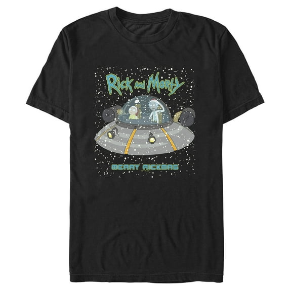 Men's Rick And Morty Snowing Spaceship Merry Rickmas Graphic Tee Black Small